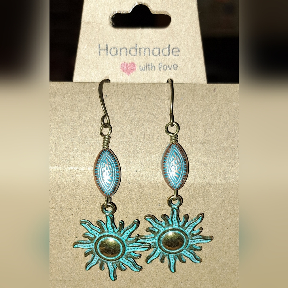 Handmade Boho Green Patina Bronze Sun Dangle Earrings